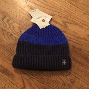 A blue winter hat .